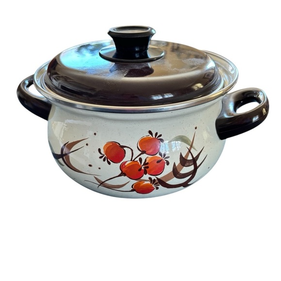 VTG 80’s Enamel Cooking Pot W/Lid Cherries Double Handles Cream Red Brown - Picture 1 of 7